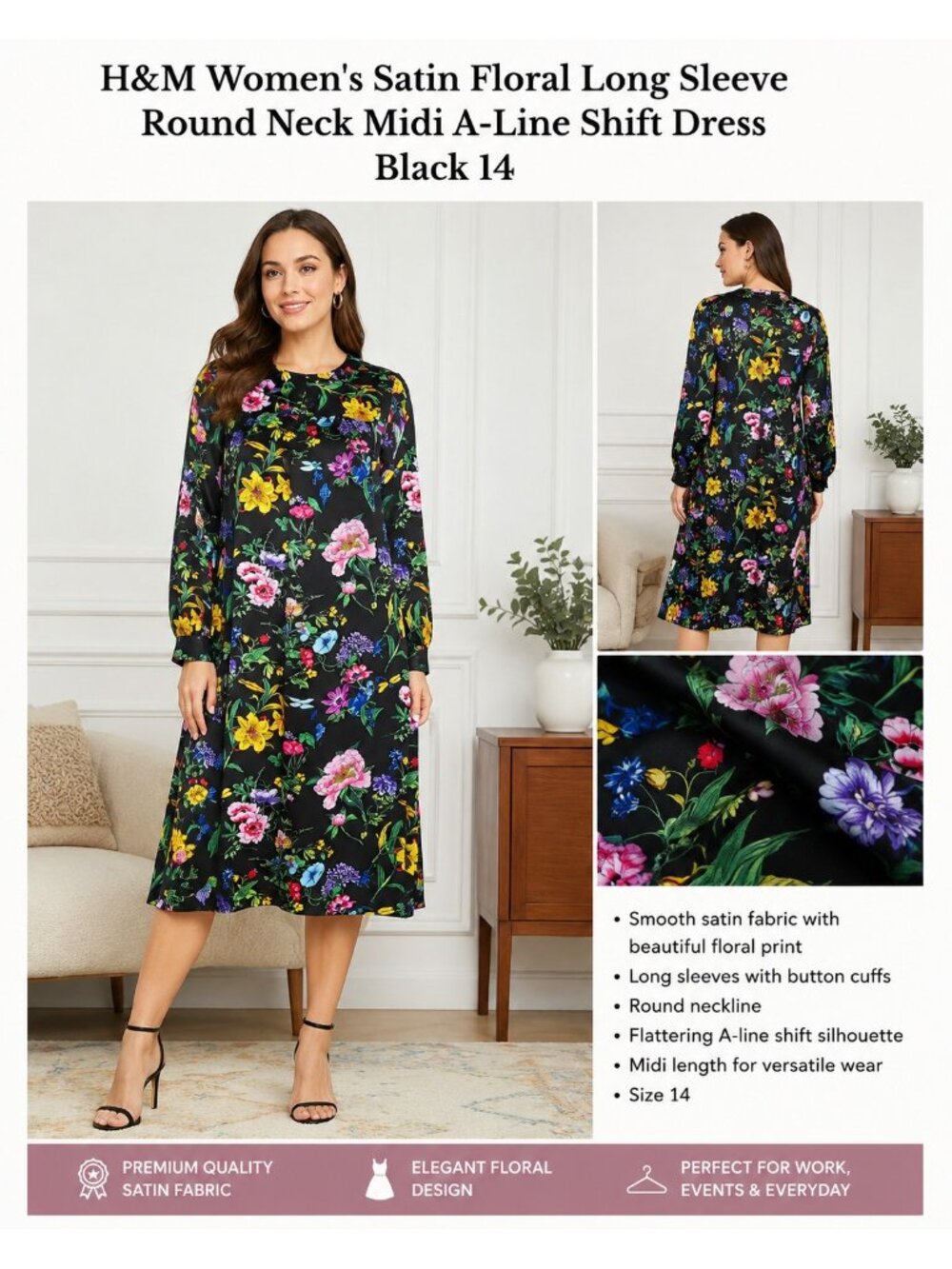 H&M Women's Satin Floral Long Sleeve Round Neck Midi A-Line  Dress Black Size 14